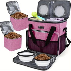Dog Travel Bag, Pet Travel Bag (ALL Pet Travel Supplies), with 2 Pet Food Containers And 3 Collapsible Silicone Bowls; Essential Kits for Pet Travel Pink