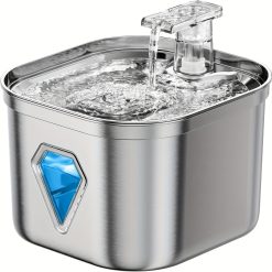 Stainless Steel Cat Water Dispenser - 74 Oz/2.2 Liter, Silent Pump, Lighted Anti-Dry Burn, Complimentary Filter Cartridge, Indoor Pet Water Dispenser