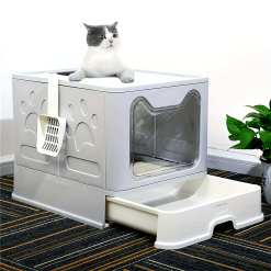 [22lbs Odor-Control Litter Box] Space-Saving, Hygienic Odor-Control Cat Litter Box with Tray & Scoop | Large Capacity for Cats Up to 22 lbs, Grey Plastic with Top-Entry & Paw Print Cutouts